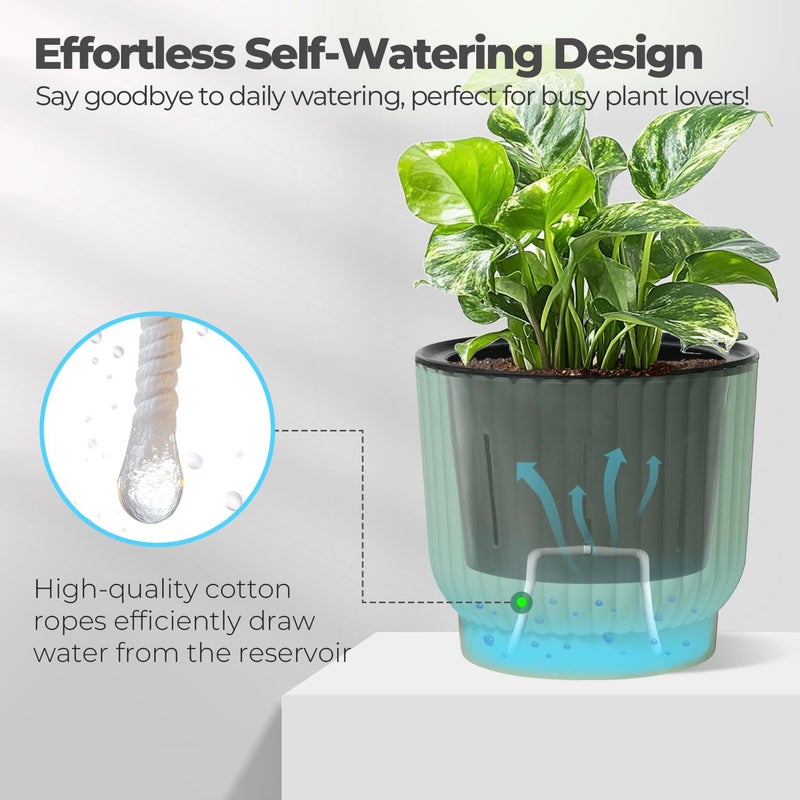 T4U 7 Inch Self Watering Pots for Indoor Plants, 4 Pack Plant Pots, Self Watering Planter for Indoor Plants, Durable Plastic Pots (4 Pack, 7", Green) - Image 3