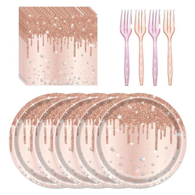 72 PCS ROSE GLITTER PAPER PLATES 7IN DISPOSABLE DINNER PLATES NAPKINS AND FORKS PARTY TABLEWARE SET DECORATION SUPPLIES FOR GIRLS BIRTHDAY BRIDAL SHOWER WEDDING CEREMONIES ANNIVERSARY PARTY SERVE 24