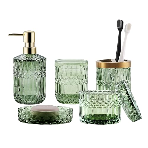 LaMarriti Green Bathroom Accessories Set, 5Pcs Clear Glass Bathroom Accessories, Soap Dispenser, Soap Dish, Toothbrush Holder Set, Tumbler, Qtips Holder for Vintage Crystal Bath Decor - Image 1