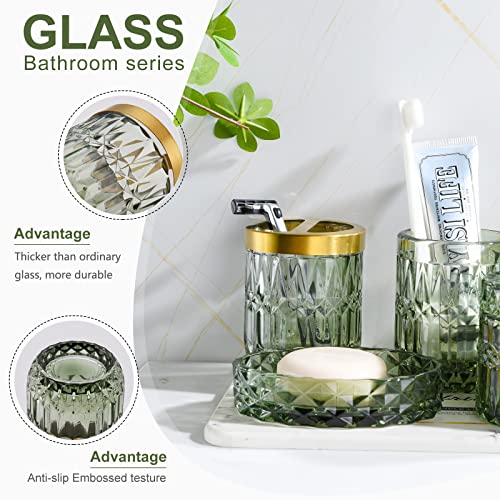 LaMarriti Green Bathroom Accessories Set, 5Pcs Clear Glass Bathroom Accessories, Soap Dispenser, Soap Dish, Toothbrush Holder Set, Tumbler, Qtips Holder for Vintage Crystal Bath Decor - Image 2
