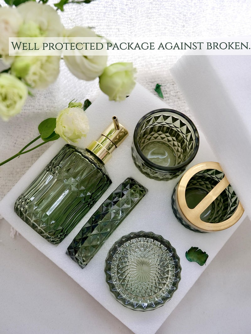 LaMarriti Green Bathroom Accessories Set, 5Pcs Clear Glass Bathroom Accessories, Soap Dispenser, Soap Dish, Toothbrush Holder Set, Tumbler, Qtips Holder for Vintage Crystal Bath Decor - Image 5