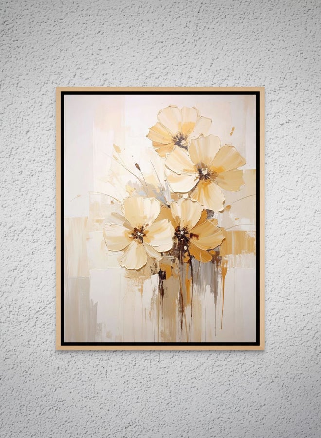 Art Decor Framed Canvas Portrait Print of Cream and Gold Abstract Flower Wall Art Modern Floral Botanical for Home Living Room Office - Image 1