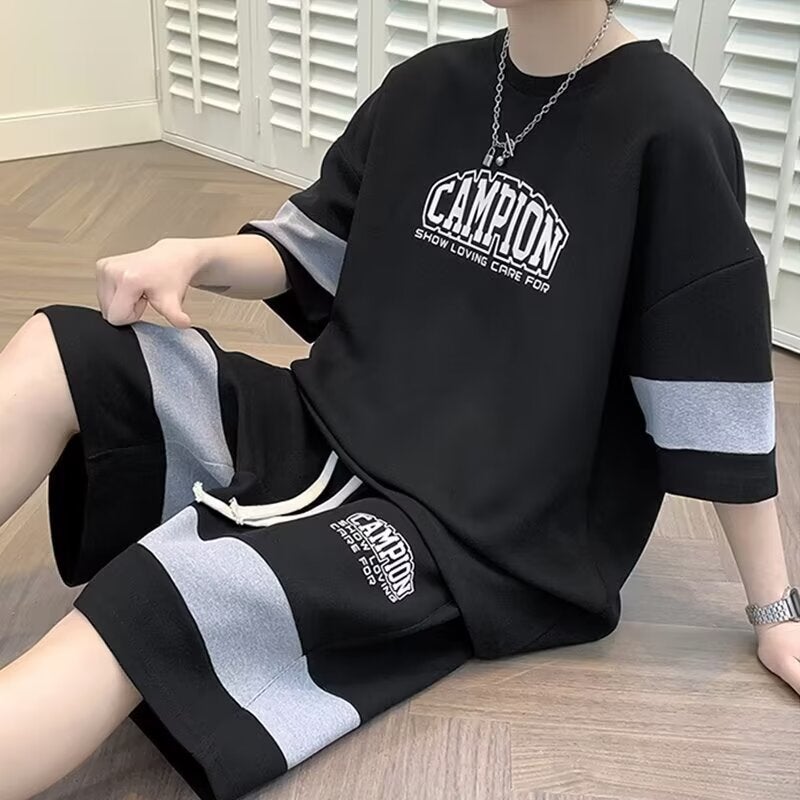 2024 Mens Casual Sports Suit Summer Set Black 