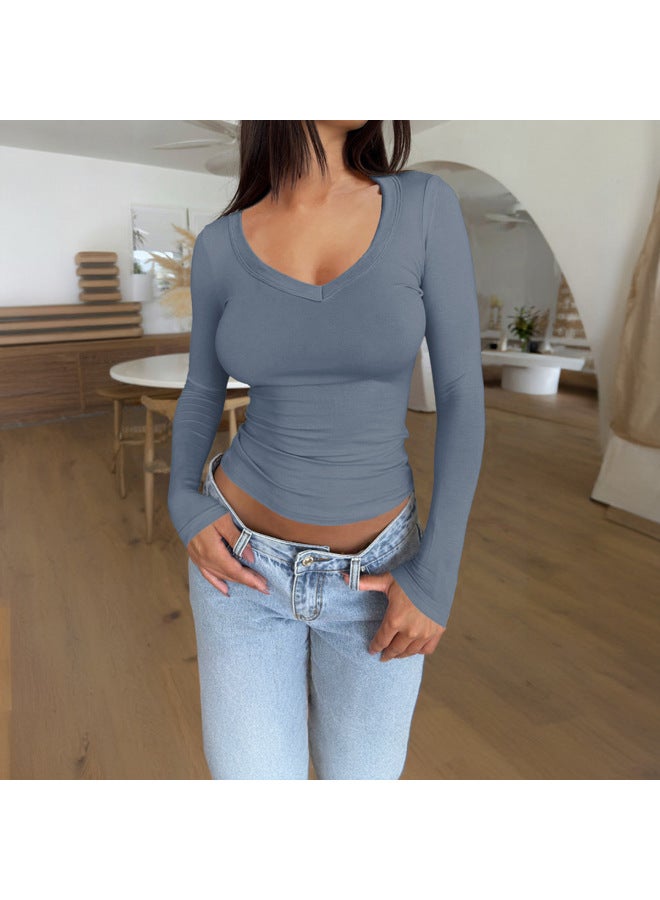 Di Yun Europe And The United States Spring And Summer Women's Temperament Slim Solid Color U-collar Long Sleeve Top