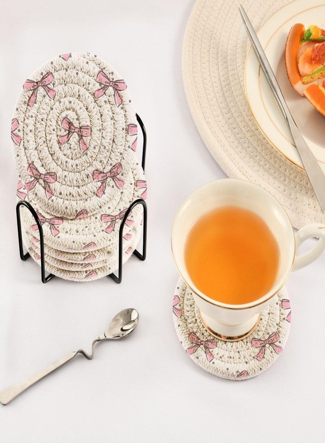 Kigai Pink Bow Coasters for Drinks with Holder 3.9 Inch Absorbent Heat-Resistant Cotton Woven Coaster Coffee Bar Accessories for Home Decor Table Protection, 6Pack - Image 5