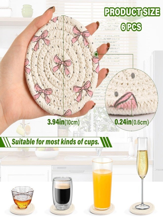 Kigai Pink Bow Coasters for Drinks with Holder 3.9 Inch Absorbent Heat-Resistant Cotton Woven Coaster Coffee Bar Accessories for Home Decor Table Protection, 6Pack - Image 3