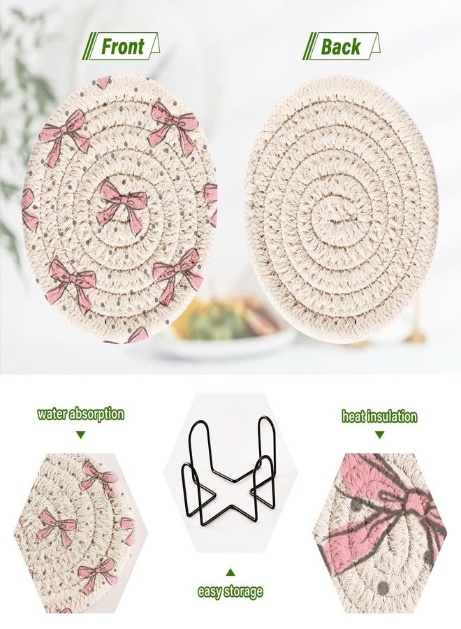 Kigai Pink Bow Coasters for Drinks with Holder 3.9 Inch Absorbent Heat-Resistant Cotton Woven Coaster Coffee Bar Accessories for Home Decor Table Protection, 6Pack - Image 4