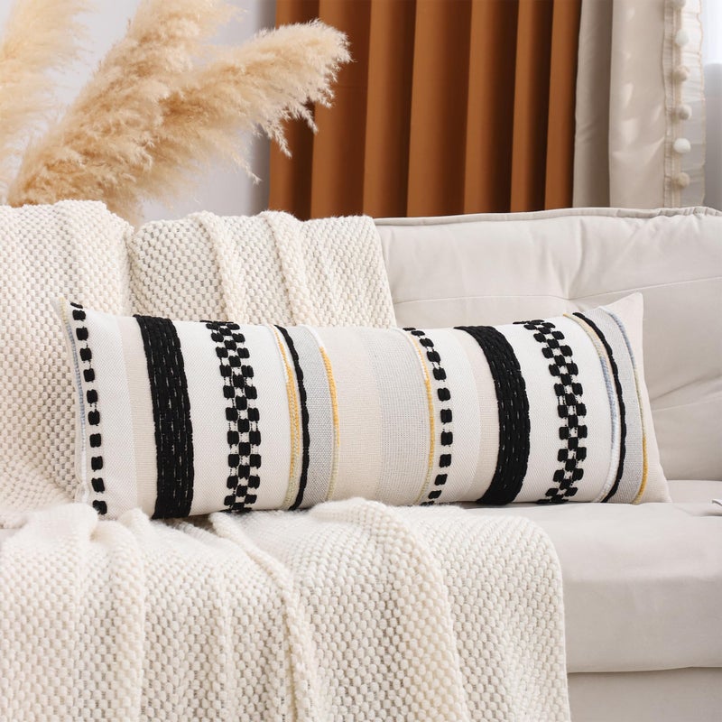 Tosleo Boho Lumbar Throw Pillow Cover 14x36 Long Body Lumbar Decorative Pillow Case Accent Chenille Striped Pillowcase Farmhouse Cushion Case Nuetral Textured Pillow Cover Beige and Black (1 Piece) - Image 1