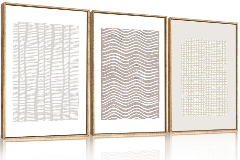Aryroi Large Abstract White and Beige Framed Canvas Wall Art,Geometric Dot and Line Wall Decor,Modern Wave Lines Artwork,Neutral Minimalist Shapes Art Print for Living Room,Bedroom,Office- 24"x36"x3 - Image 1