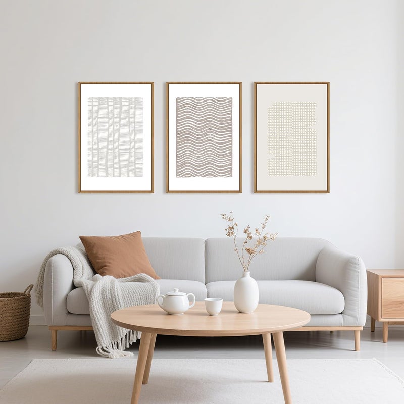 Aryroi Large Abstract White and Beige Framed Canvas Wall Art,Geometric Dot and Line Wall Decor,Modern Wave Lines Artwork,Neutral Minimalist Shapes Art Print for Living Room,Bedroom,Office- 24"x36"x3 - Image 2
