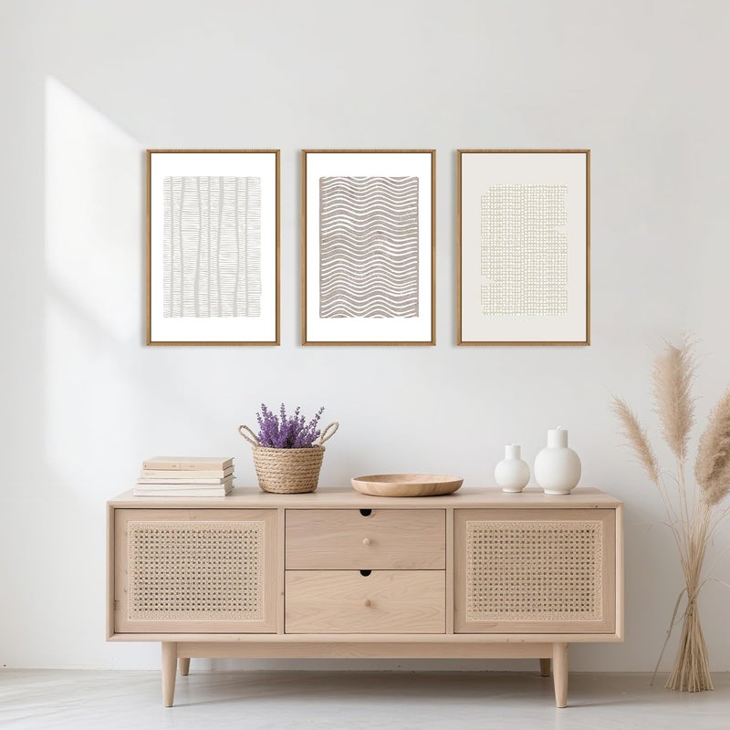 Aryroi Large Abstract White and Beige Framed Canvas Wall Art,Geometric Dot and Line Wall Decor,Modern Wave Lines Artwork,Neutral Minimalist Shapes Art Print for Living Room,Bedroom,Office- 24"x36"x3 - Image 3