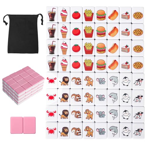GRACIAS 2 Players Mahjong Block Set for Adult Mahjong Tile Game with 66 Premium Pink Tiles30mm Animal and Food Pattern Portable Mahjongg Set with A Carry Bag - Image 1