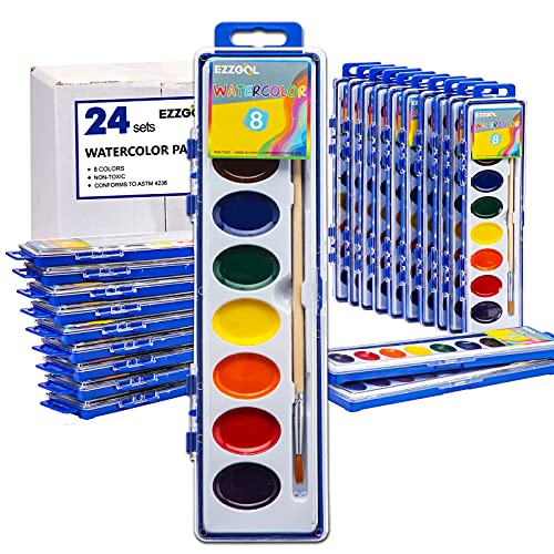 Ezzgol Watercolor Paint Sets Bulk Pack of 24, Ezzgol 8 Colors Washable Paint Sets for Kids, Quality Water Color Wooden Brushes, Perfect for Preschool Classroom - Image 1