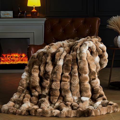 PLUUSHUU Faux Fur Throw Blanket for Couch, Fluffy Fuzzy Plush Bubble Blanket, Soft Warm Cozy Shaggy Rabbit Blanket, Luxury Decorative Gifts for Sofa Bedroom Living Room, 60x80inch (Tie-Dye-Brown) - Image 1