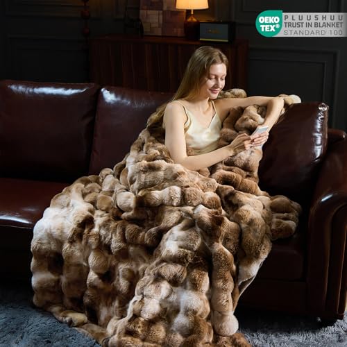 PLUUSHUU Faux Fur Throw Blanket for Couch, Fluffy Fuzzy Plush Bubble Blanket, Soft Warm Cozy Shaggy Rabbit Blanket, Luxury Decorative Gifts for Sofa Bedroom Living Room, 60x80inch (Tie-Dye-Brown) - Image 5