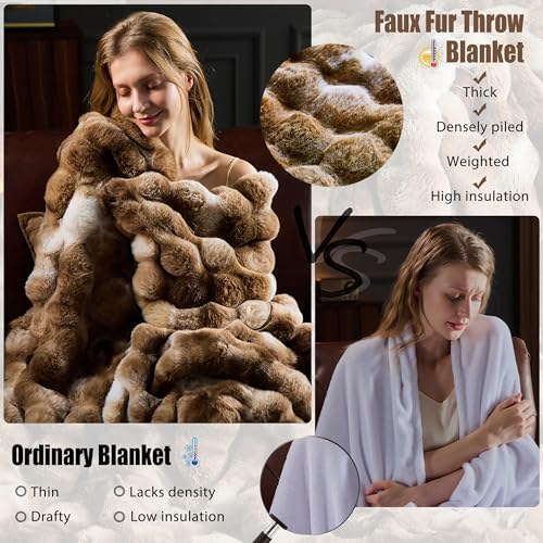 PLUUSHUU Faux Fur Throw Blanket for Couch, Fluffy Fuzzy Plush Bubble Blanket, Soft Warm Cozy Shaggy Rabbit Blanket, Luxury Decorative Gifts for Sofa Bedroom Living Room, 60x80inch (Tie-Dye-Brown) - Image 2
