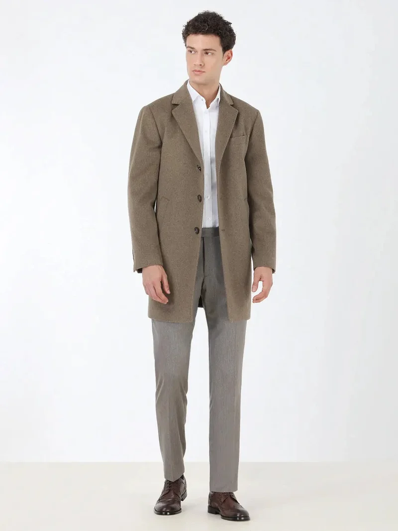 Kip Light Brown Regular Fit Butterfly Collar Classical Weaving Overcoat