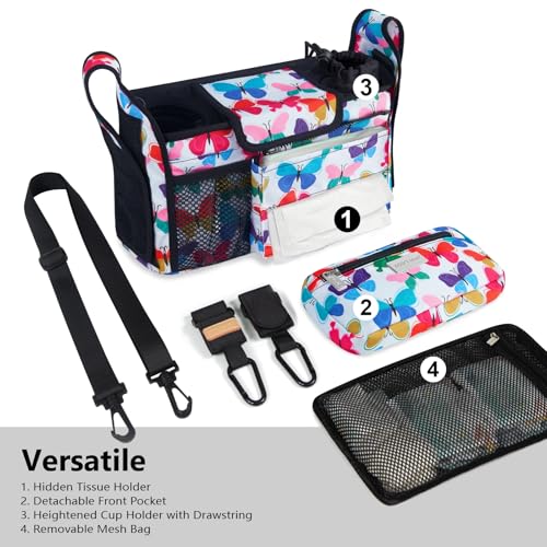 TOPDesign Universal Baby Stroller Organizer Stroller Caddy with Detachable Mesh Bag Heightened Insulated Cup Holders NonSlip Secure Hooks Accessories Fits Most Strollers Colorful Butterfly - Image 3