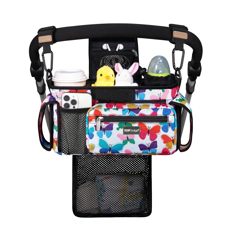 TOPDesign Universal Baby Stroller Organizer Stroller Caddy with Detachable Mesh Bag Heightened Insulated Cup Holders NonSlip Secure Hooks Accessories Fits Most Strollers Colorful Butterfly - Image 2