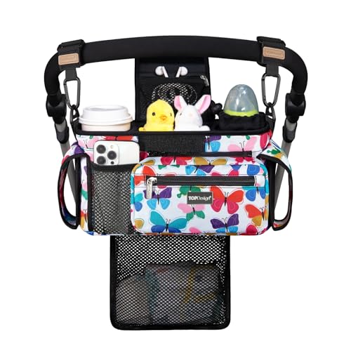 TOPDesign Universal Baby Stroller Organizer Stroller Caddy with Detachable Mesh Bag Heightened Insulated Cup Holders NonSlip Secure Hooks Accessories Fits Most Strollers Colorful Butterfly - Image 1
