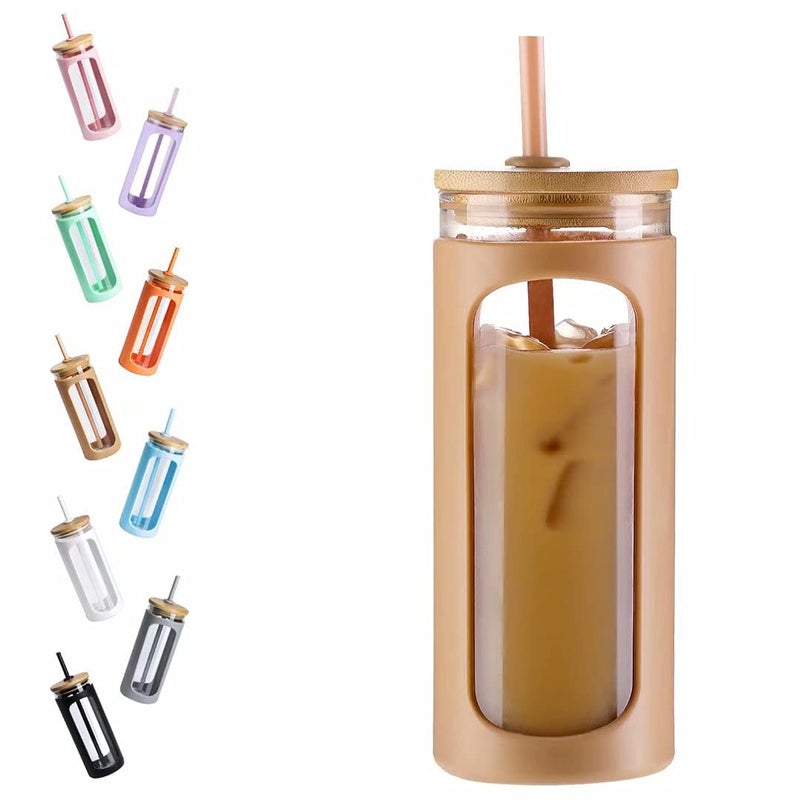 Kodrine 20oz Glass Water Tumbler with Straw and Lid, Bamboo Lids Water Bottle, Iced Coffee Cup Reusable, Wide Mouth Smoothie Cups with Protective Silicone Sleeve BPA FREE-Amber - Image 1