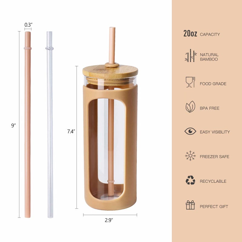 Kodrine 20oz Glass Water Tumbler with Straw and Lid, Bamboo Lids Water Bottle, Iced Coffee Cup Reusable, Wide Mouth Smoothie Cups with Protective Silicone Sleeve BPA FREE-Amber - Image 2