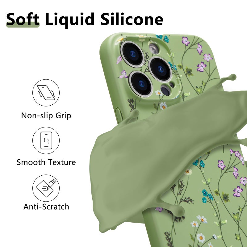 RALEAVO Floral Case for iPhone 14 Pro,Liquid Silicone Cover with Cute Flower Branch Pattern for Girls Women Slim Soft Rubber Protective Phone Case for iPhone 14 Pro (6.1"),Green - Image 2
