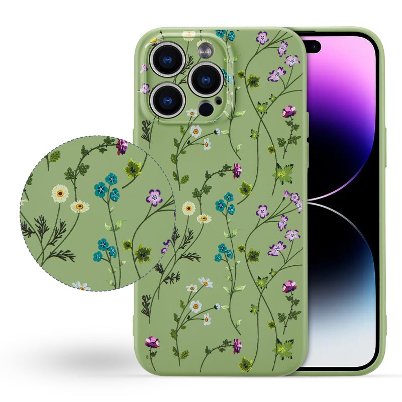 RALEAVO Floral Case for iPhone 14 Pro,Liquid Silicone Cover with Cute Flower Branch Pattern for Girls Women Slim Soft Rubber Protective Phone Case for iPhone 14 Pro (6.1"),Green - Image 5