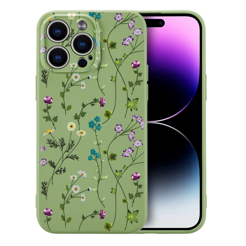 RALEAVO Floral Case for iPhone 14 Pro,Liquid Silicone Cover with Cute Flower Branch Pattern for Girls Women Slim Soft Rubber Protective Phone Case for iPhone 14 Pro (6.1"),Green - Image 1