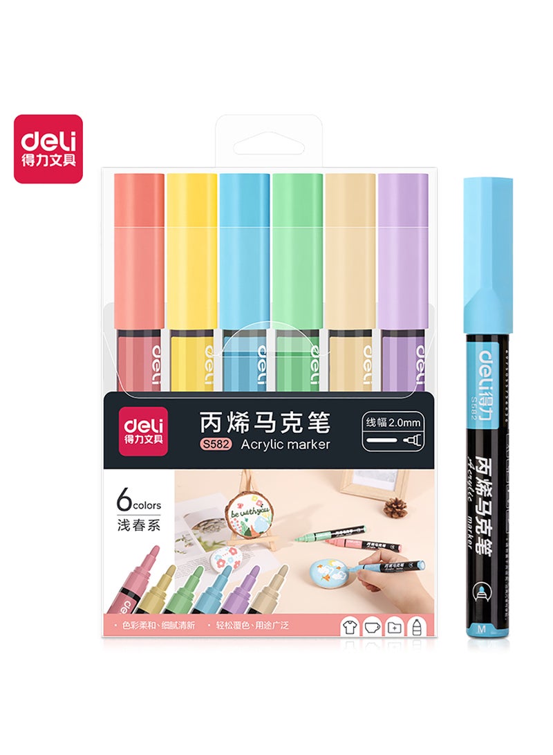 Deli Acrylic Marker Pen Set 2 mm , Waterproof ink , for Drawing on Glass , Ceramics , Pack of 6 Colors  - Image 1