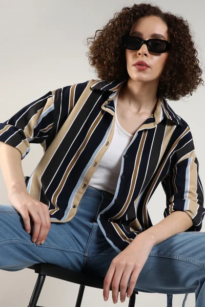 Campus Sutra Women's Midnight Black & Yellow Ochre Striped Boxy Shirt