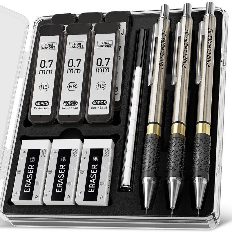 Four Candies Metal Mechanical Pencil Set - 3PCS 0.7mm Art Mechanical Pencils & 360PCS HB Lead Refills & 3PCS Erasers & 9PCS Eraser Refills, Drawing Mechanical Pencils for Writing, Sketching-With Case - Image 1