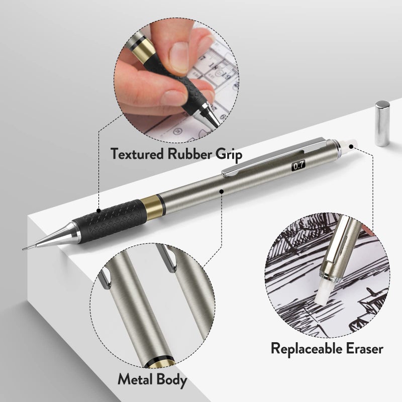 Four Candies Metal Mechanical Pencil Set - 3PCS 0.7mm Art Mechanical Pencils & 360PCS HB Lead Refills & 3PCS Erasers & 9PCS Eraser Refills, Drawing Mechanical Pencils for Writing, Sketching-With Case - Image 4