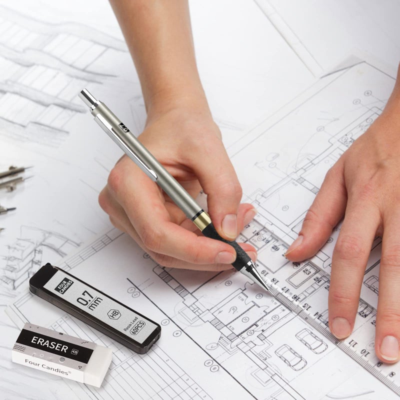 Four Candies Metal Mechanical Pencil Set - 3PCS 0.7mm Art Mechanical Pencils & 360PCS HB Lead Refills & 3PCS Erasers & 9PCS Eraser Refills, Drawing Mechanical Pencils for Writing, Sketching-With Case - Image 5