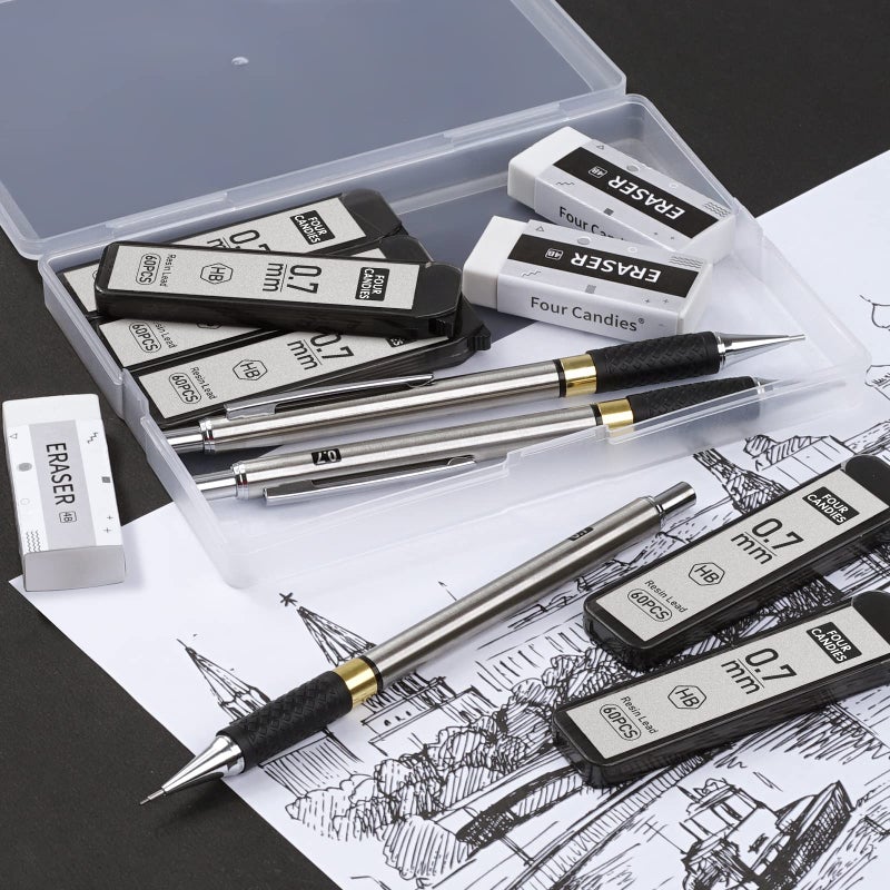 Four Candies Metal Mechanical Pencil Set - 3PCS 0.7mm Art Mechanical Pencils & 360PCS HB Lead Refills & 3PCS Erasers & 9PCS Eraser Refills, Drawing Mechanical Pencils for Writing, Sketching-With Case - Image 3