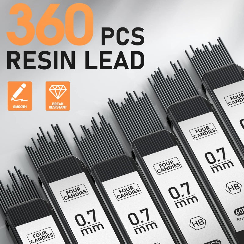 Four Candies Metal Mechanical Pencil Set - 3PCS 0.7mm Art Mechanical Pencils & 360PCS HB Lead Refills & 3PCS Erasers & 9PCS Eraser Refills, Drawing Mechanical Pencils for Writing, Sketching-With Case - Image 2