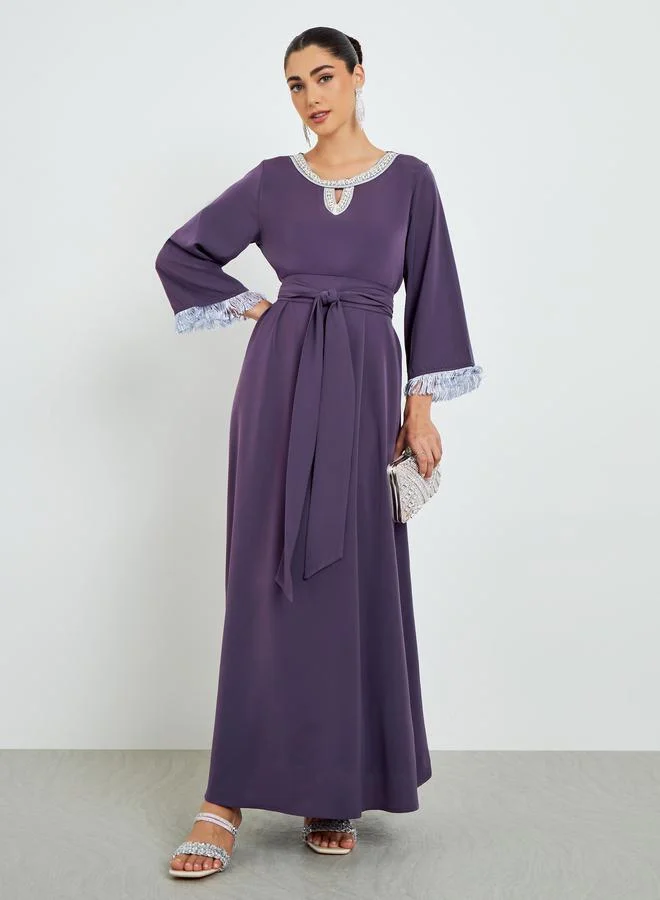 Purple Embellished Tassel Trim A-Line Jalabiya