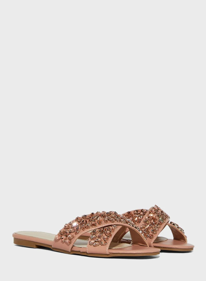 Khizana Jewel Encrusted Crossover Flat Sandals