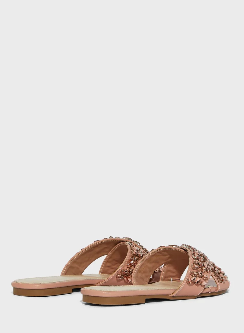 Khizana Jewel Encrusted Crossover Flat Sandals