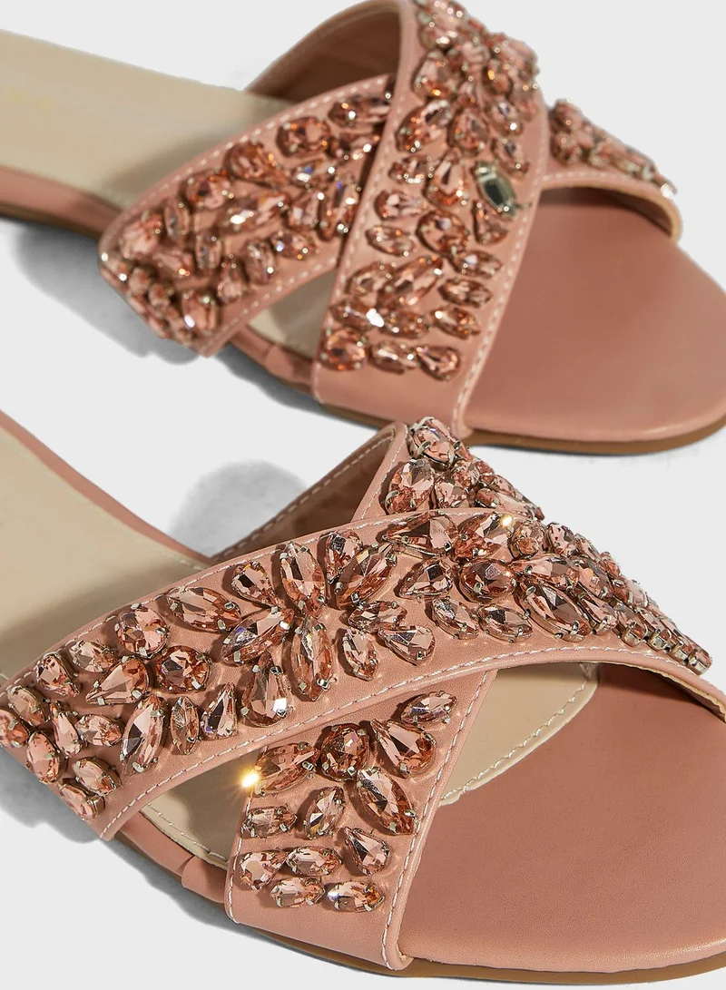 Khizana Jewel Encrusted Crossover Flat Sandals