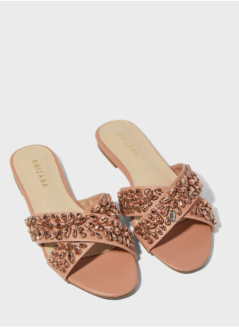 Khizana Jewel Encrusted Crossover Flat Sandals