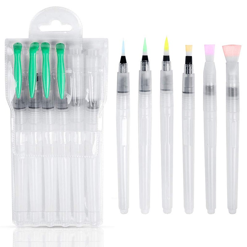 YICOTA Plastic Water Synthetic Brush Pens Watercolor Brushes 6 Pcs Set with Different Size Tips Water Reservoir Pen for Watercolour Painting Oil Acrylic Painting Calligraphy