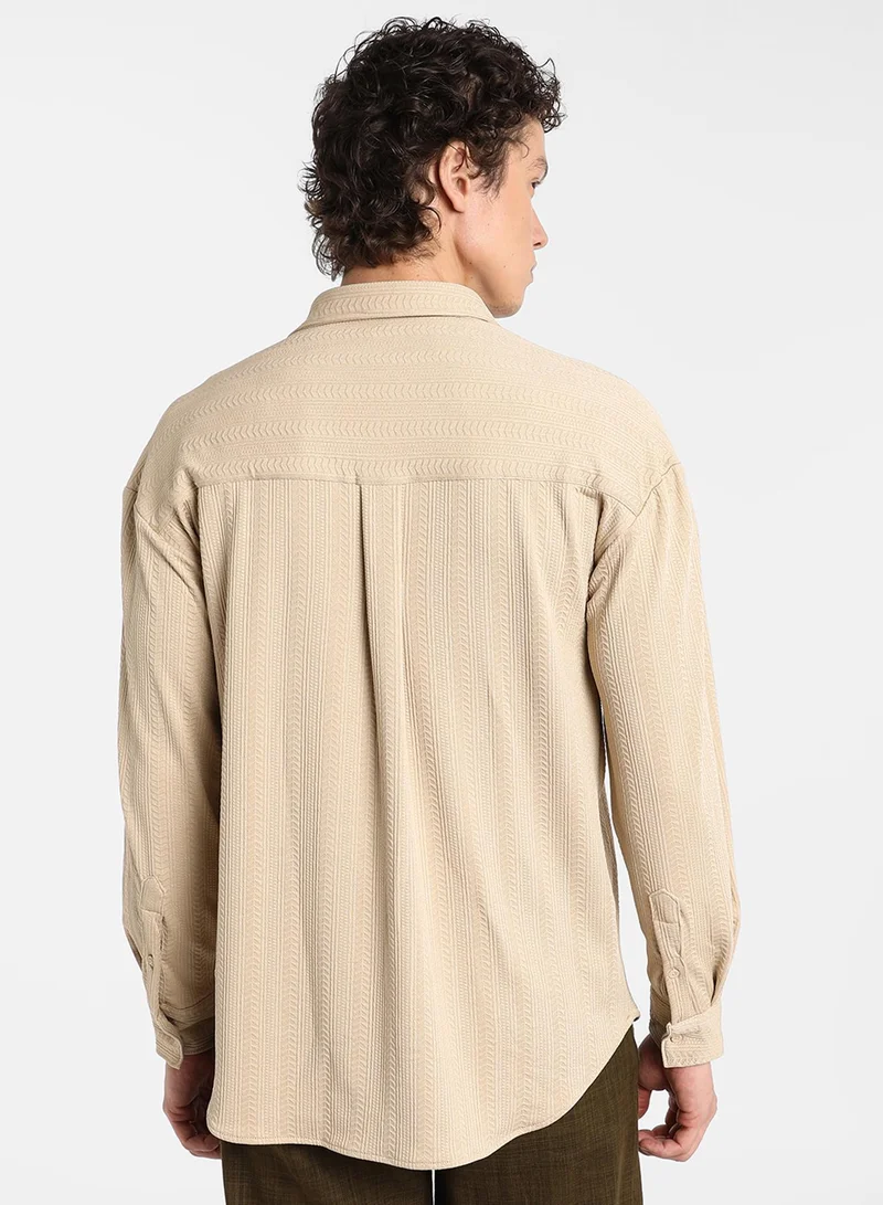Campus Sutra Men's Light Beige Spear-Textured Shirt
