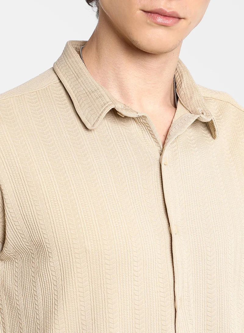 Campus Sutra Men's Light Beige Spear-Textured Shirt