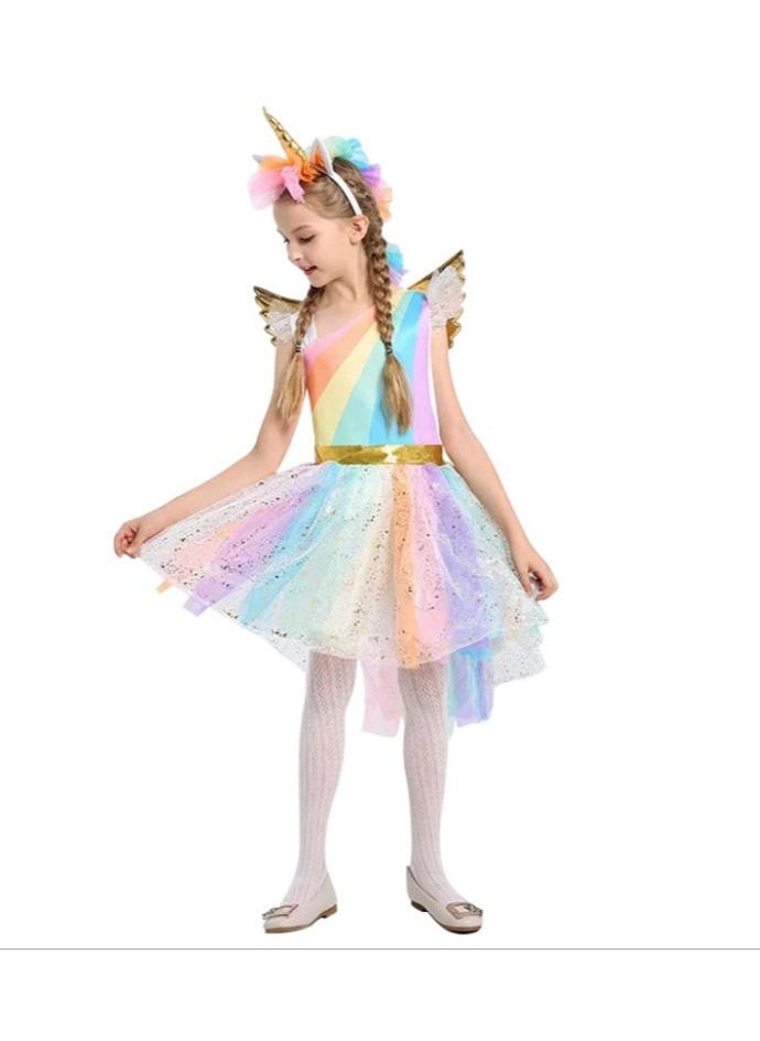 xppier - Unicorn Girl Dress Cosplay Dress Set Complete Princess Dress Set with Unicorn Headband and Wings, Size 95-130Cm - Image 1