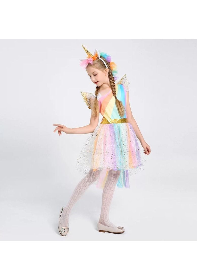 xppier - Unicorn Girl Dress Cosplay Dress Set Complete Princess Dress Set with Unicorn Headband and Wings, Size 95-130Cm - Image 1