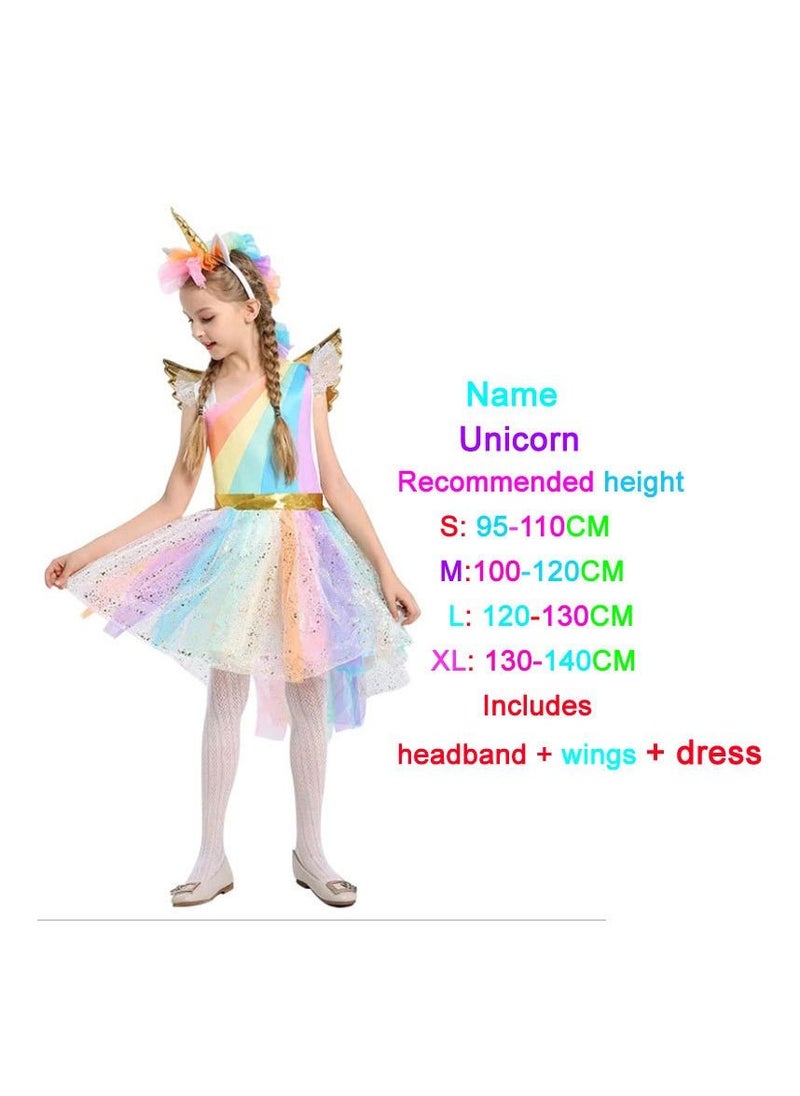 xppier - Unicorn Girl Dress Cosplay Dress Set Complete Princess Dress Set with Unicorn Headband and Wings, Size 95-130Cm - Image 1