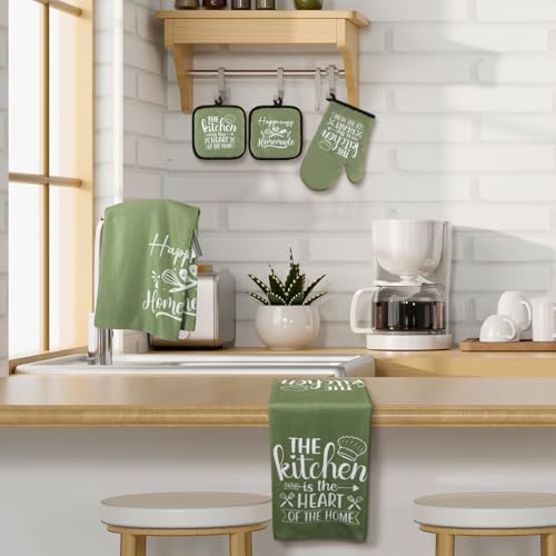 Sratte 6 Pcs Kitchen Decor Accessories Set Farmhouse Towels Pot Holders Oven Mitts Set 2 Dish Towels 2 Potholders 2 Cooking Mittens Oven Glove for Christmas Baking Cooking Supply(Green,Kitchen) - Image 2