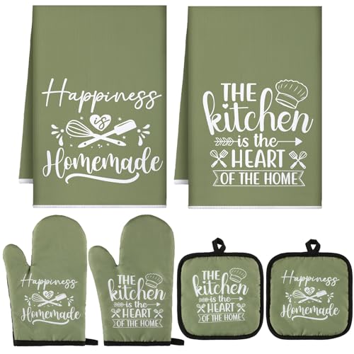 Sratte 6 Pcs Kitchen Decor Accessories Set Farmhouse Towels Pot Holders Oven Mitts Set 2 Dish Towels 2 Potholders 2 Cooking Mittens Oven Glove for Christmas Baking Cooking Supply(Green,Kitchen) - Image 1