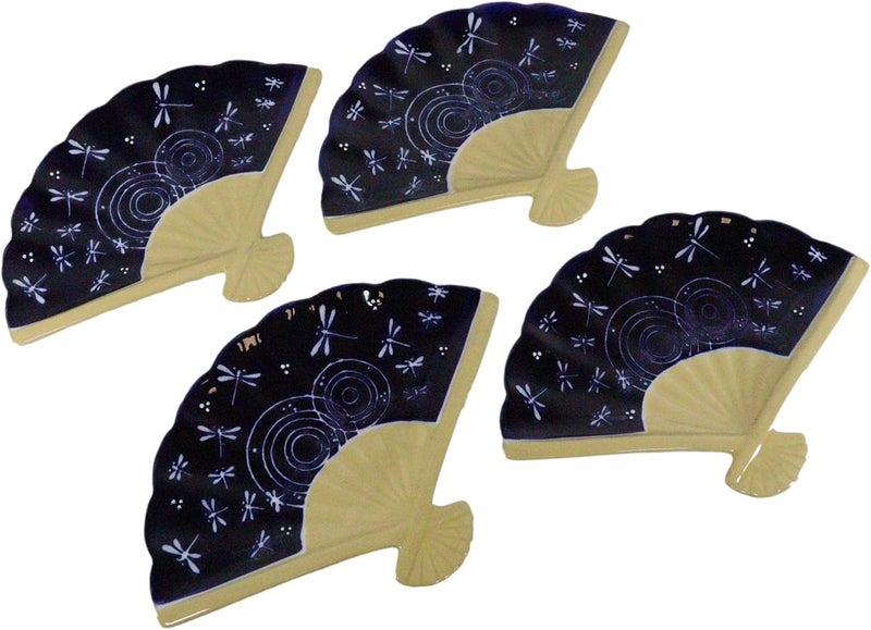 Ebros Gift مجموعة إيبروس من 4 أطباق ملونة على شكل مروحة شرقية لتقديم المقبلات والسوشي والحلويات مزينة بتصميم آسيوي فني مجموعة أطباق زرقاء بتصميم تنين في منتصف الليل - Image 2